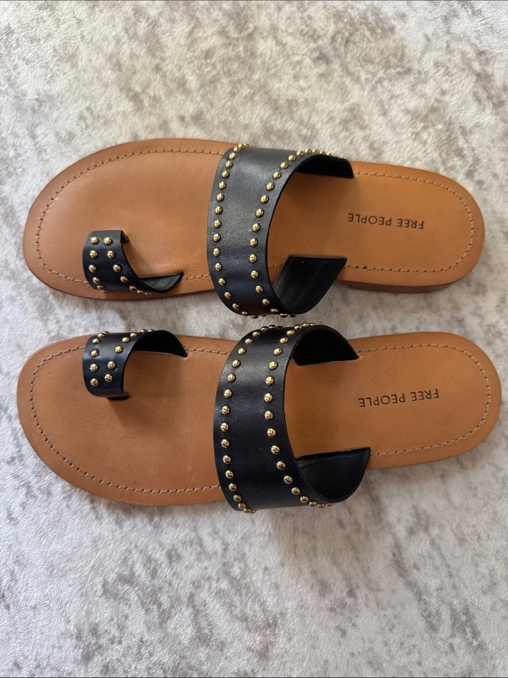 Free People Black Leather Studded Toe-Loop Sandals with Tan Footbed